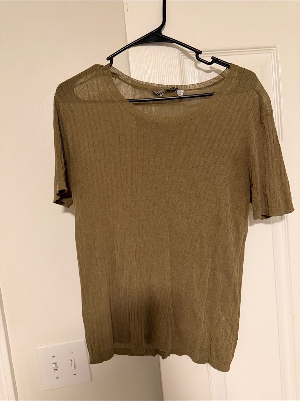 Zara Olive Ribbed Short Sleeve sheer Women's Top